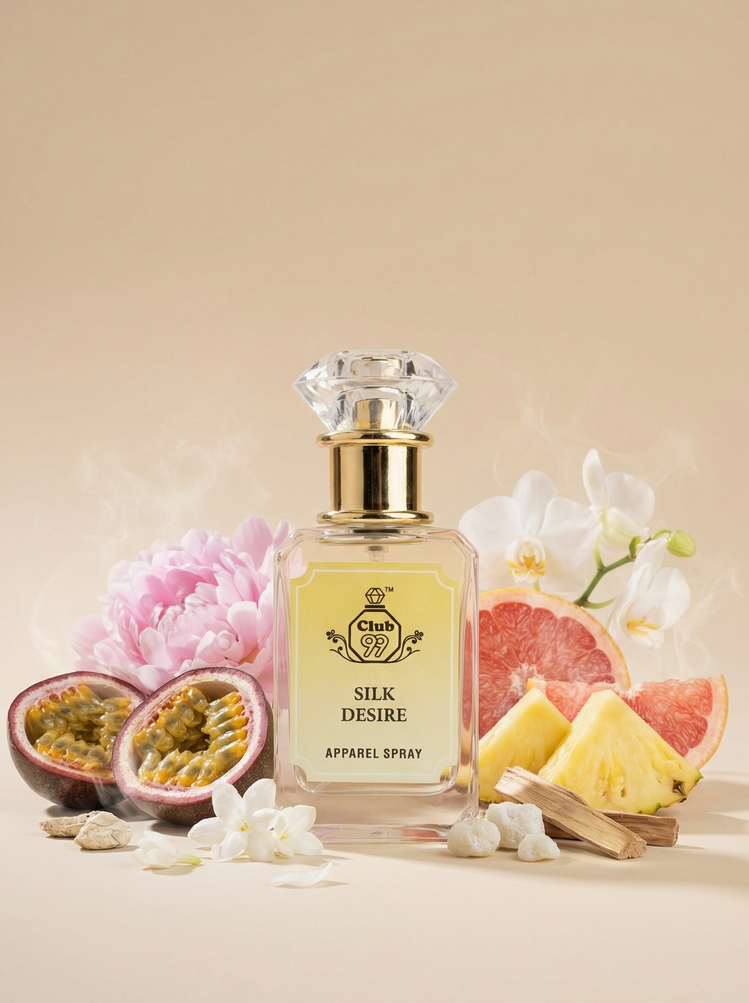 Perfume bottle labeled 'Silk Desire' with flowers and fruits on a beige background